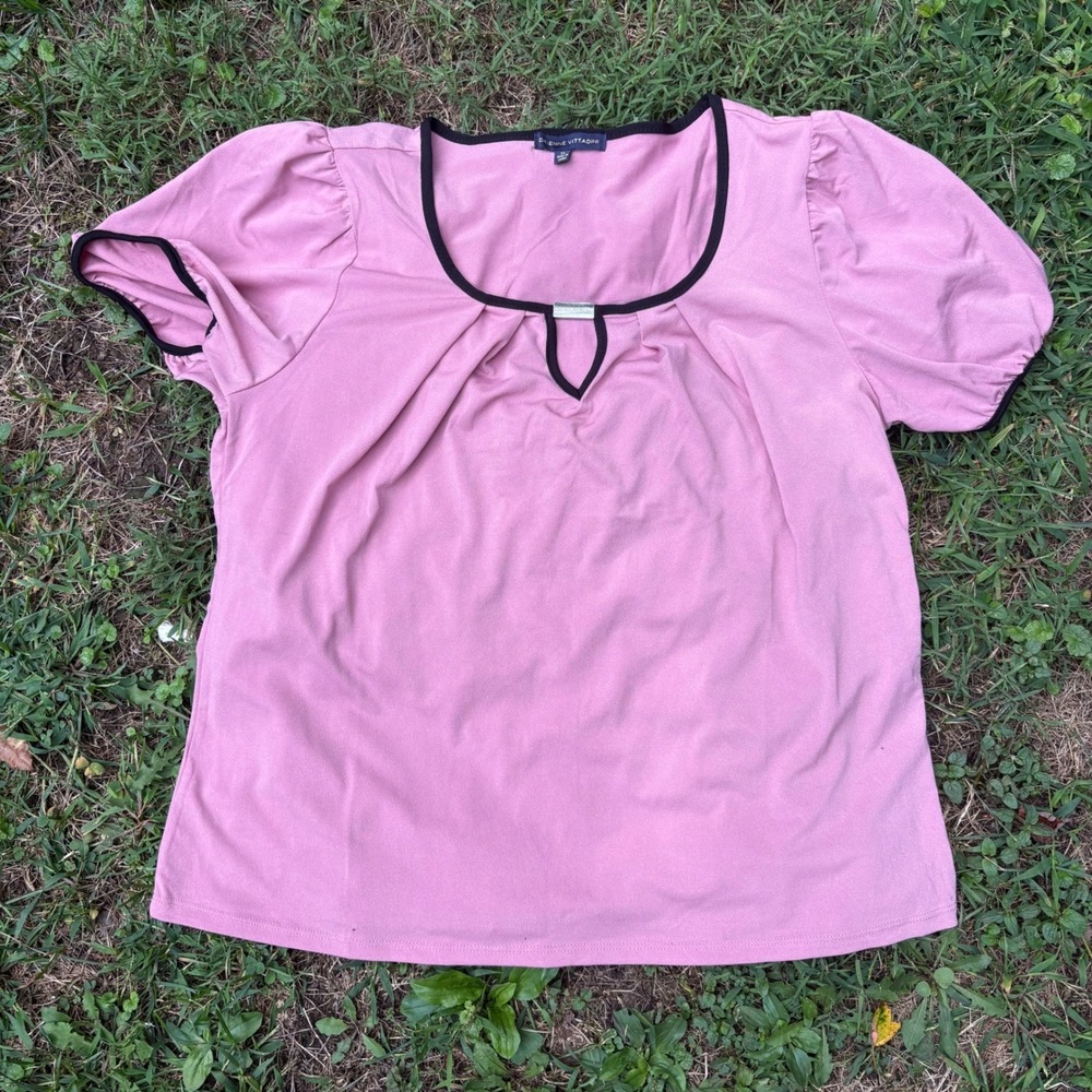 Pink Puff Sleeve Blouse‎ Black Contrast Trim Coquette Officecore Top XL